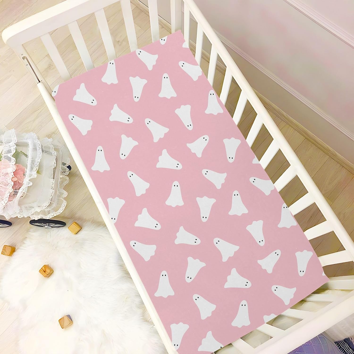 Cute Boo Halloween Crib Sheets for Boys Girls - Portable Microfiber Fitted Crib Sheet for Standard Crib and Toddler Mattress, Soft & Breathable, 28x52 Inch