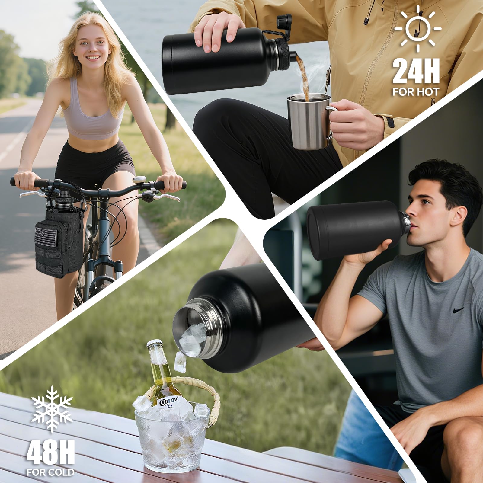 DEFUNX Isolierte Wasserflasche mit Hülle, taktischer 1,8 l Edelstahl-Wasserkrug mit MOLLE-Wasserflaschentasche, Fitness-Wasserflaschen für Herren, Wandern, Workout, Schwarz