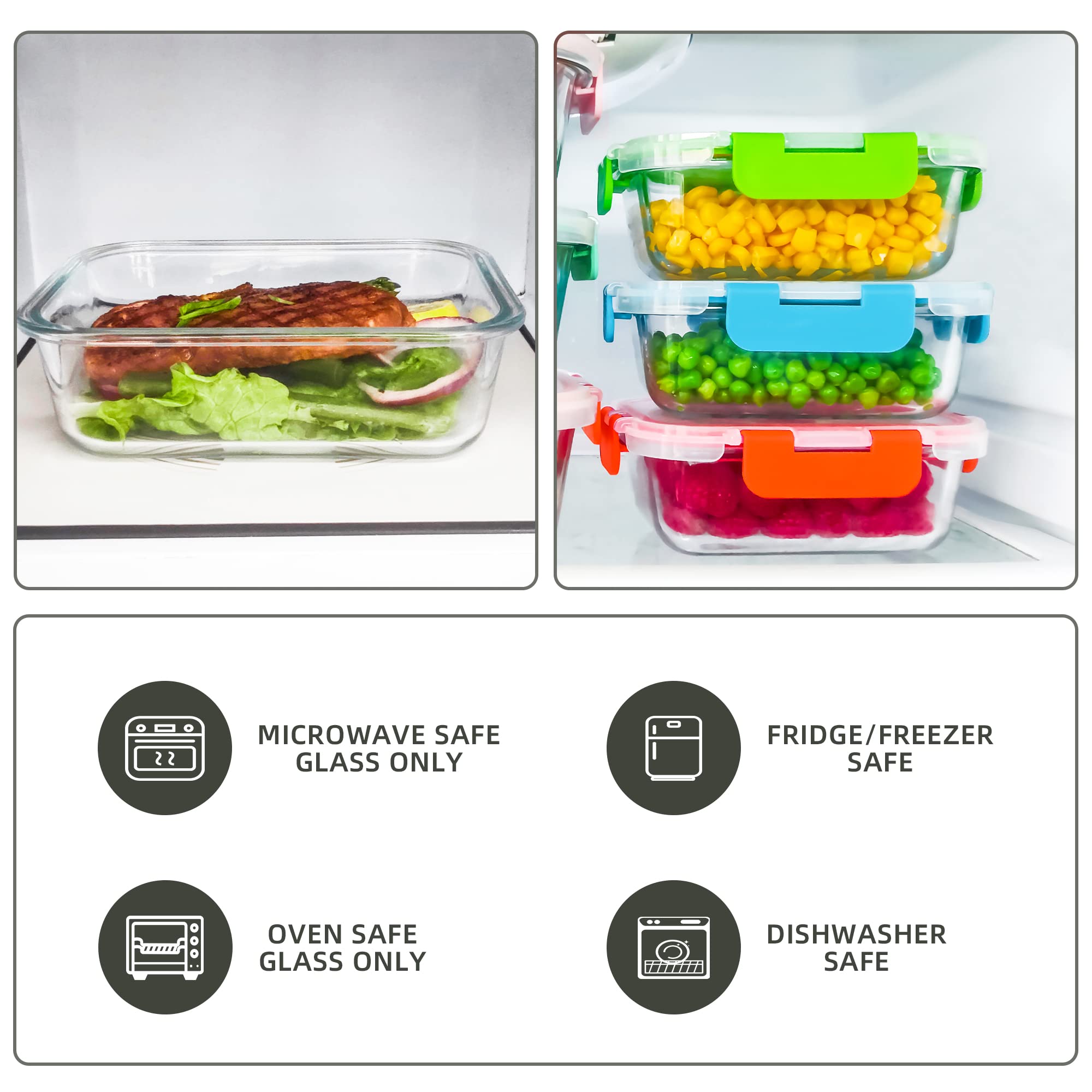 Confezione da 10 contenitori per alimenti in vetro, ermetici per la preparazione dei pasti con coperchio, contenitori in vetro, adatti al microonde e alla lavastoviglie, 5 colori