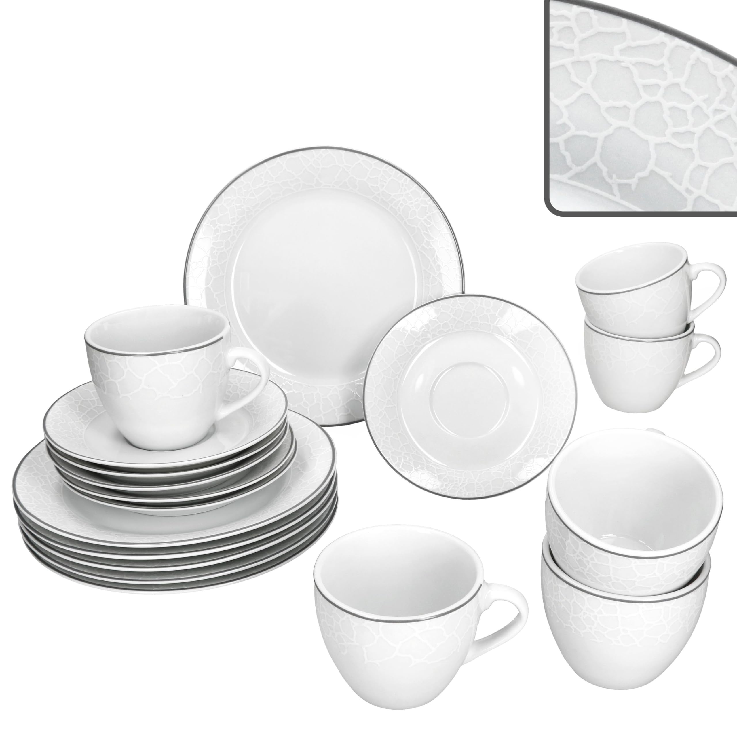 MamboCat Venedig 18tlg Kaffeeservice I weißes Porzellan Geschirr mit Relief in Kieselstein-Optik & Grauer Linie für 6 Personen I je 6X Kaffeetassen 180ml, Untertassen & Kuchenteller
