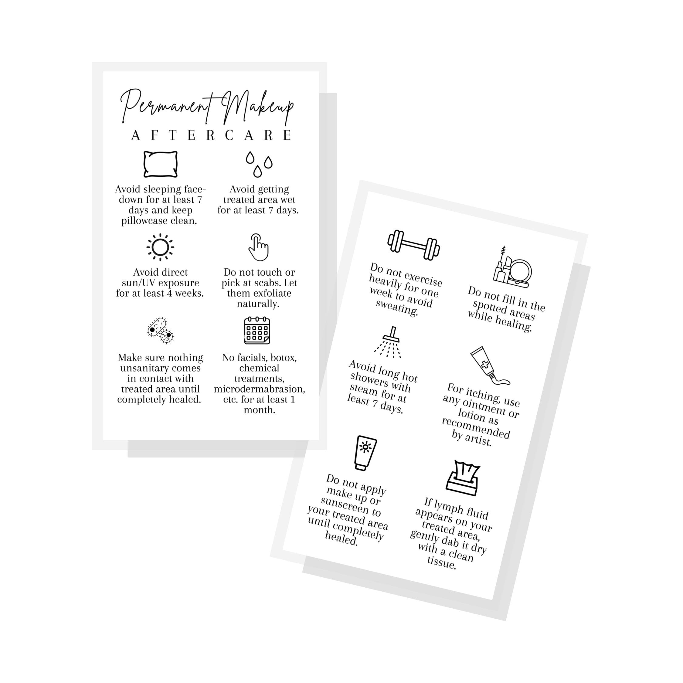 Permanent Makeup PMU aftercare Instructions Minimalist | 50 pk 2 x 3.5” business cards Makeup Artist Tattoo Microblading, Lip Blushing, Eyeliner Client Cards How To Care for White and black Simple