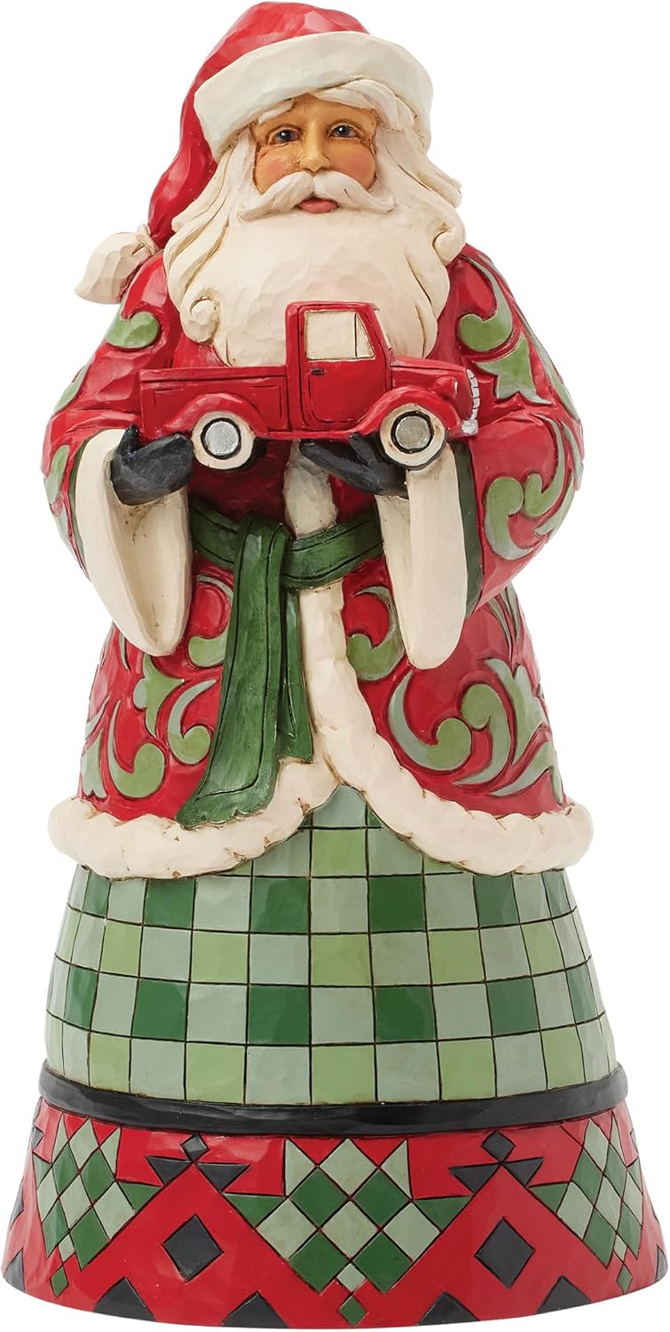 Enesco Jim Shore Heartwood Creek Highland Glen Santa Holding a Red Truck Figurine, 10 Inch, Multicolor
