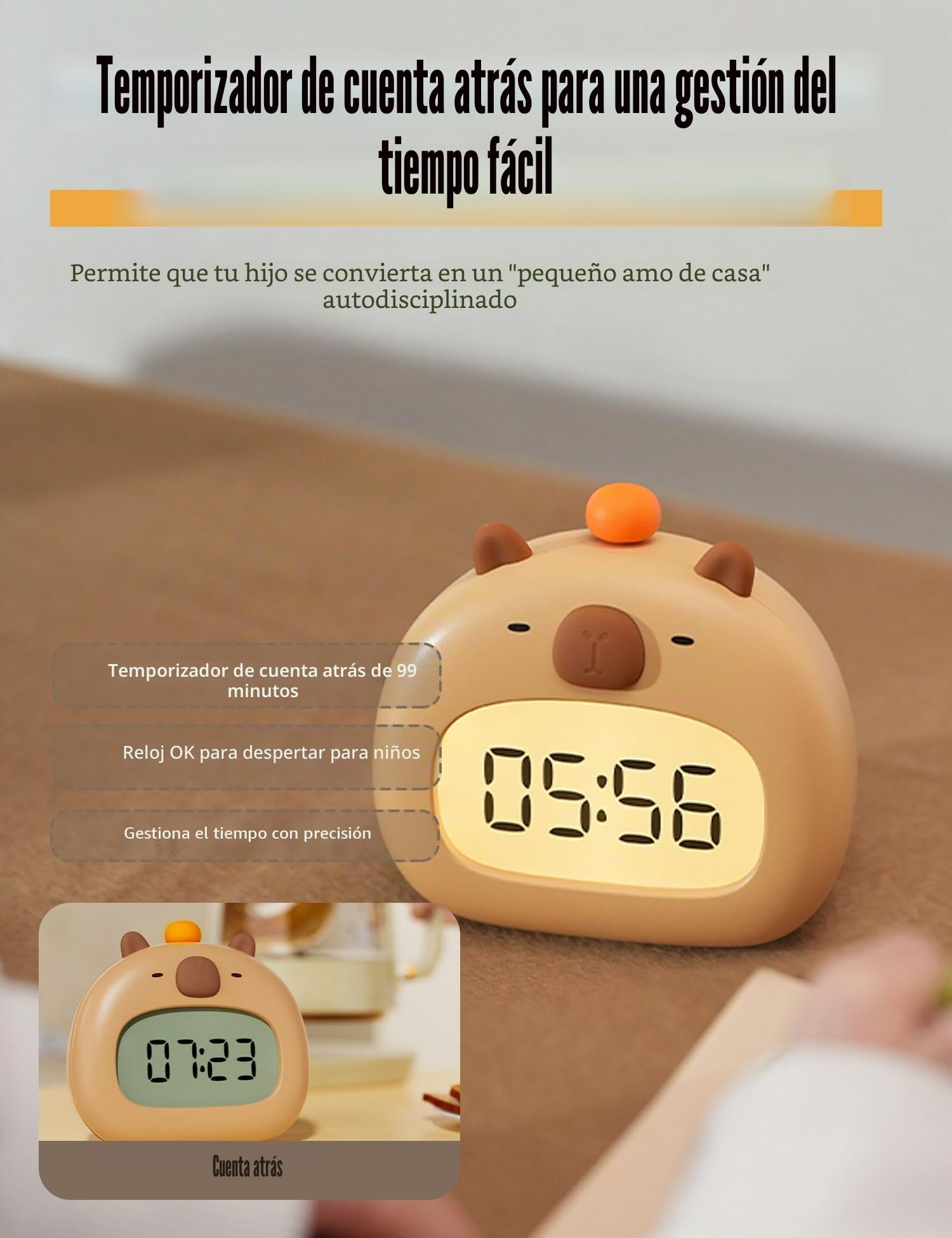 IHALO Capibara Despertador Niño con luz Nocturna,Reloj Despertador Infantil Digital,Niveles de Brillo Ajustables,con indicador de Temperatura,Tres alarmas,Despertador Digital con Función Recargable