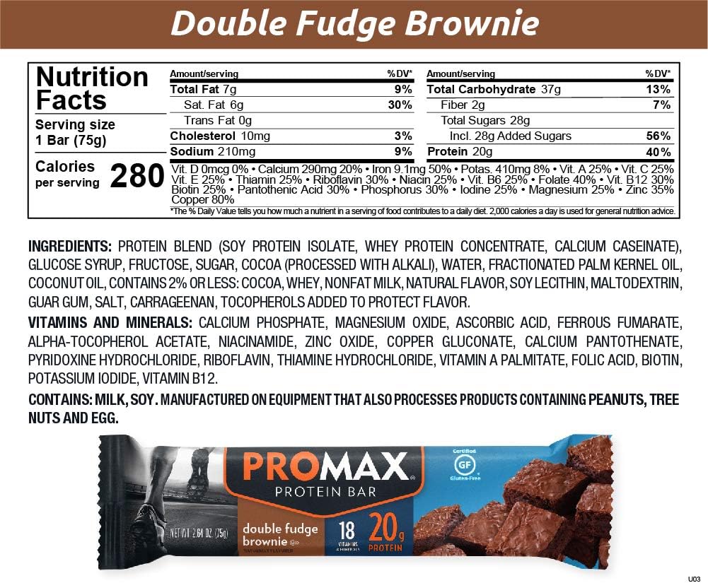Promax Protein Bar, Double Fudge Brownie, 20g High Protein, Gluten Free, 12 Count