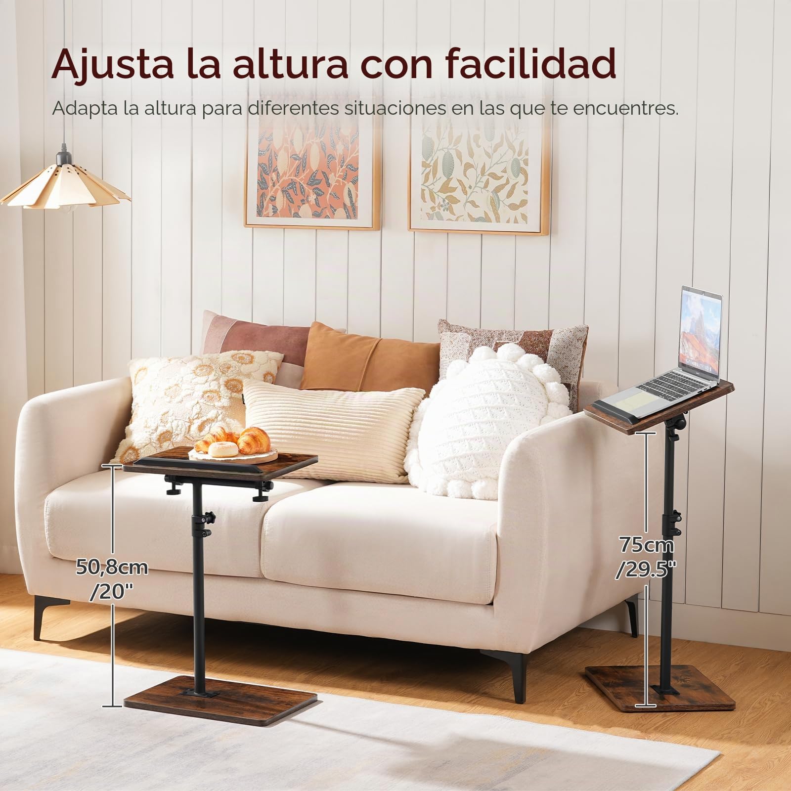 MAHANCRIS Mesa Auxiliar Giratoria 360º y Regulable en Altura, Mesita de Centro en Forma de C, Mesilla de Noche, con Tope para Teléfonos Móviles y Tabletas, para Salón, Sofá, Marrón Vintage AETRB4501
