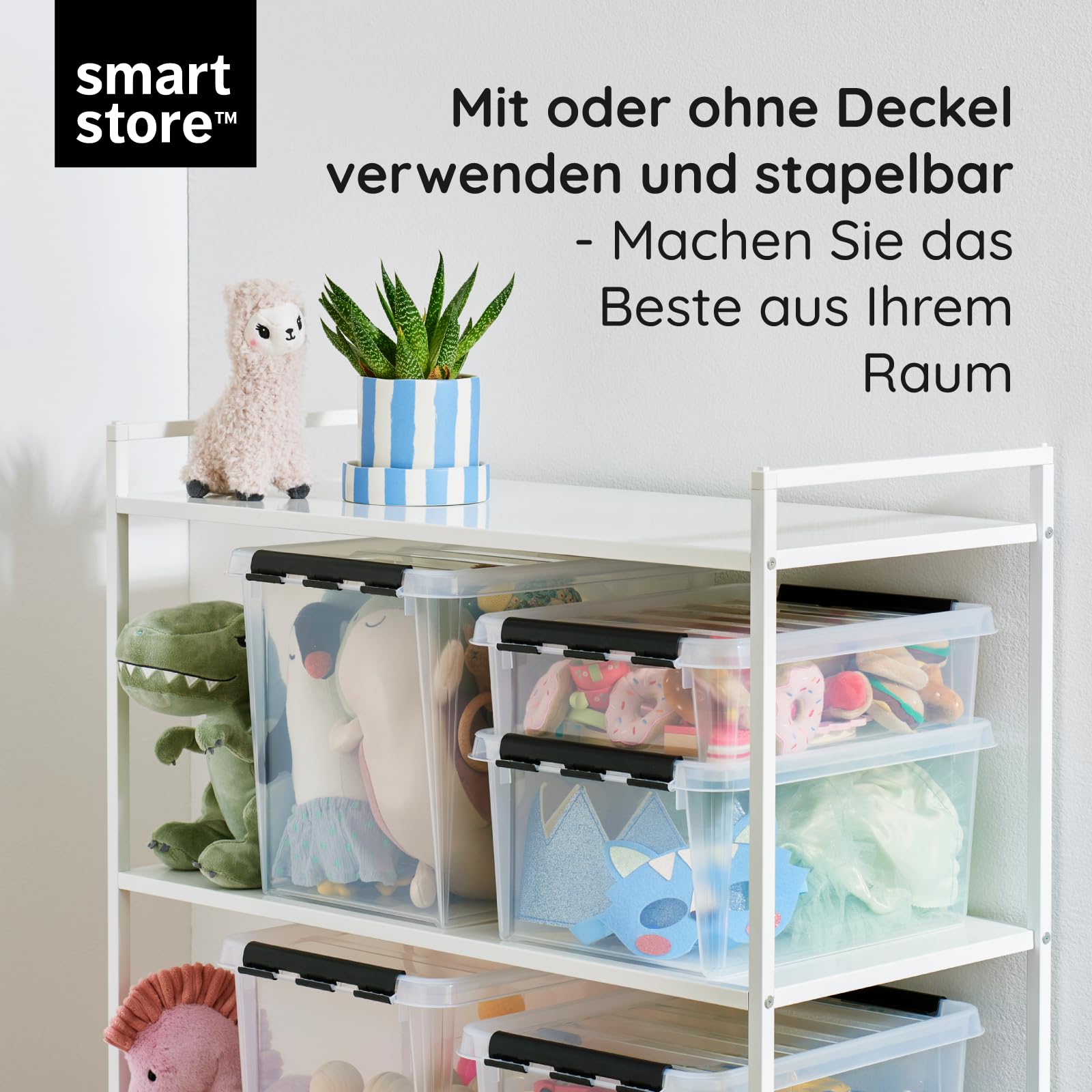 SmartStore Aufbewahrungsboxen mit Deckel, groß, 52 l, transparent, 5er-Pack, verstärkt, 10 Jahre Garantie, lebensmittelecht, mit Clipverschluss, stapelbar, BPA-freier Kunststoff, 50 x 39 x 41 cm