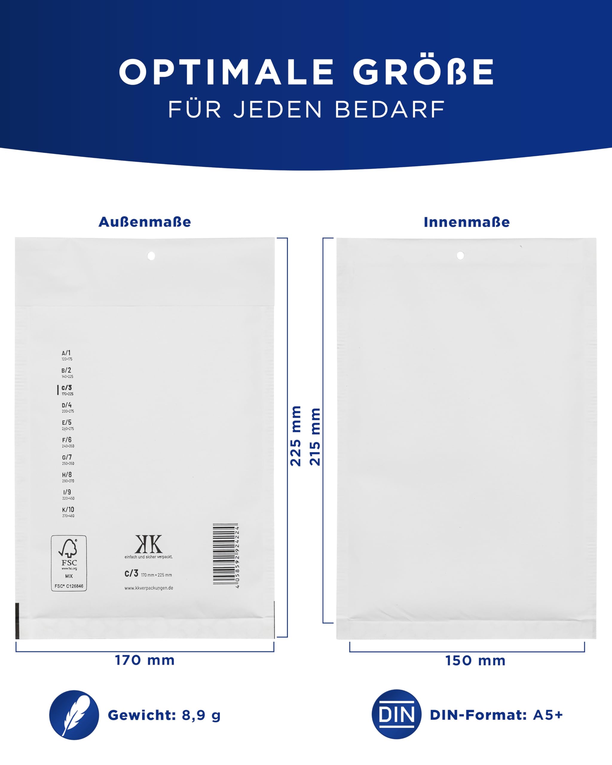KK Verpackungen 600x Luftpolster-Versandtaschen C3 C/3 170 x 225 mm (Außenmaß) in Weiß | Luftpolsterumschläge Luftpolstertaschen selbstklebend für DIN A5+