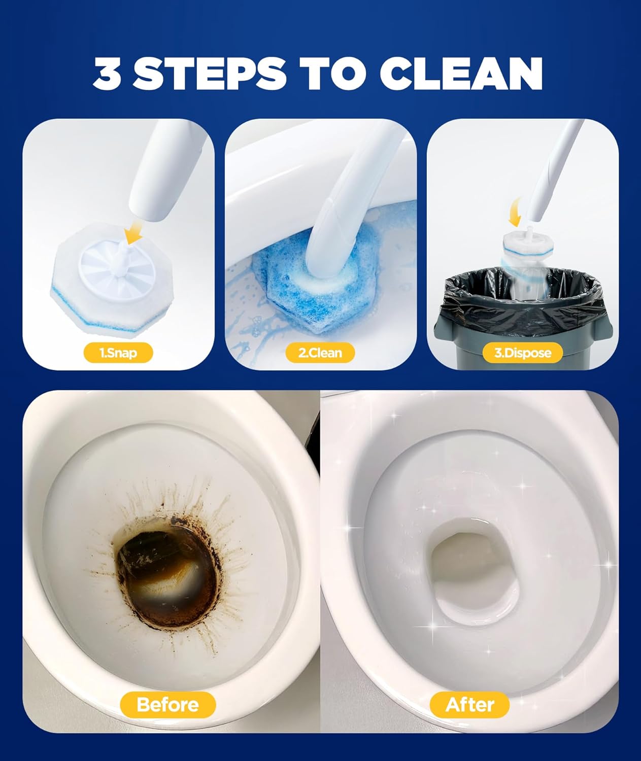 62 Count Toilet Wand Refills For Clorox Wand, 3-Layer Brush Heads with Upgraded Toilet Bowl Cleaners For 99.9% Stains Removal