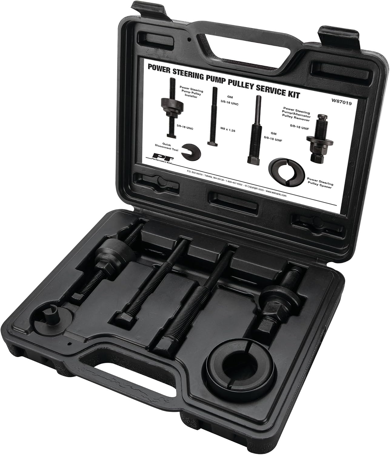 Performance Tool W87019 Power Steering Pump Pulley Puller Kit - Four-Cylinder, V6, V8, Storage Case, Domestic and Import Power Steering Service Kit
