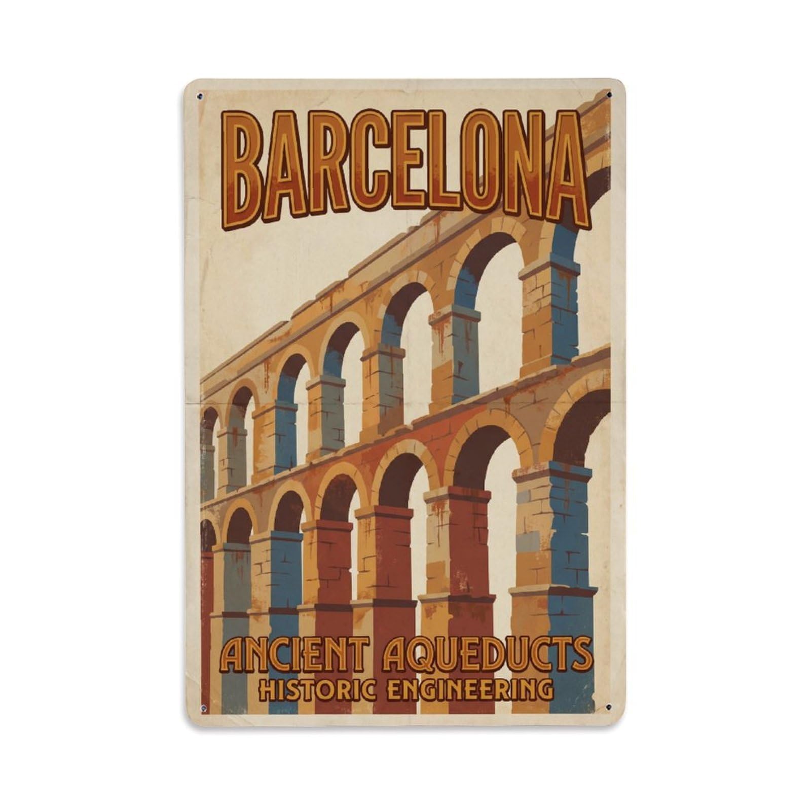 Okngb Style Classic Arches Barcelona Catalonia Landmark Gothic Metal Tin Sign Plaque Wall Decor For Cafe, Man Cave, Club Bar, Office, Home Garden Round Metal Poster 8X12inch