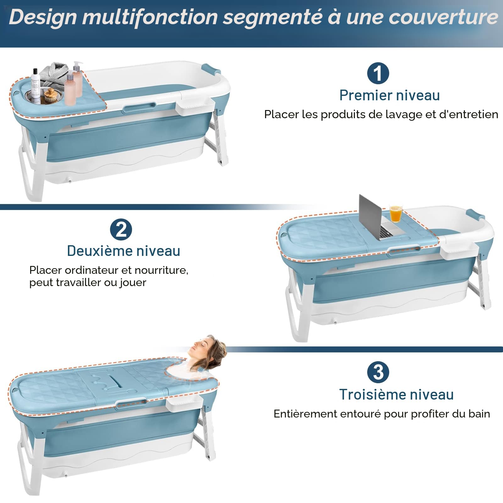 HENGMEI Baignoire pliable adulte XL Mobile Baignoire Portable Avec Couverture Rouleaux de Massage et Tablette de Bain, Bleu (128 x 62 x 52 cm)