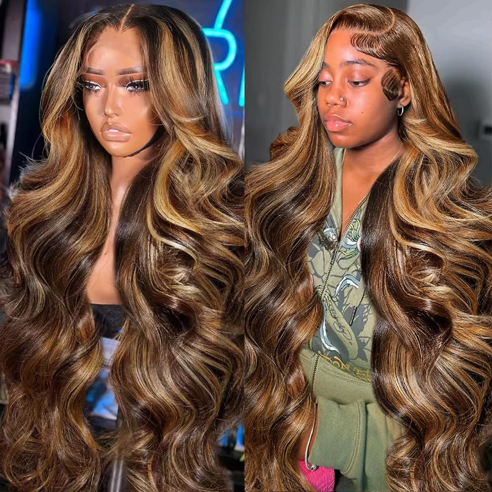 30 Inch Honey Blonde Ombre Lace Front Wig Human Hair Highlight Body Wave Lace Front Wigs Human Hair Pre Plucked 180 Density Glueless 13X4 HD Lace Frontal Wig for Women 4/27 Colored