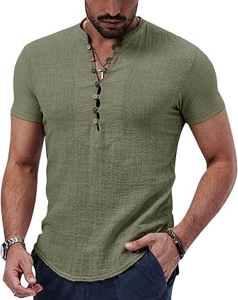 Puimentiua Mens Linen Shirts Short Sleeves Casual Summer Beach Tshirts