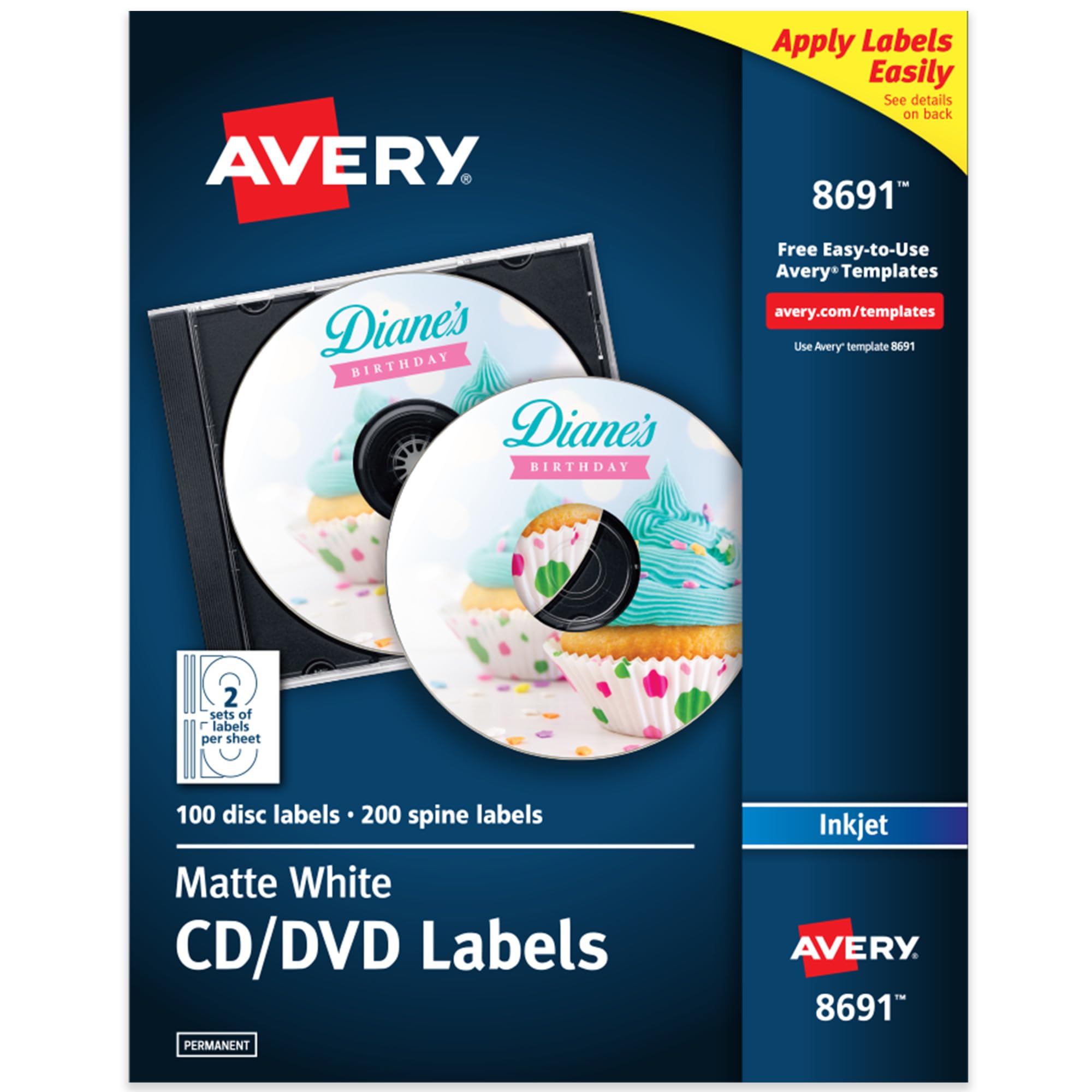 Avery Printable CD Labels, Matte White, Permanent Adhesive, Inkjet Printer Compatible, 100 Disc & 200 Spine Labels, Ideal for CDs, DVDs, PC Discs,