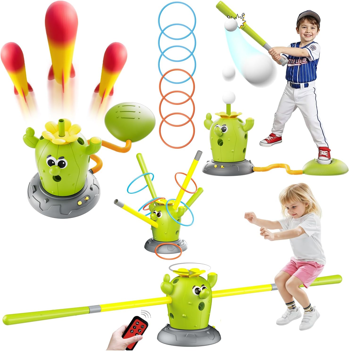 Rocket Launcher Toy Set for Kids Ages 3-8, 4-in-1 Cactus Outdoor Play Set with Ring Toss, Baseball & Skip It – Outdoor Backyard Sports Toys for Boys and Girls, Educational Active Play Gift
