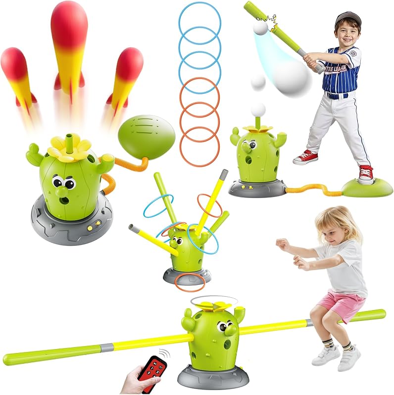 4 in 1 Cactus Musical Jumping Toys Set with Stomping Rocket Launcher | Ring Toss and Baseball Game, Toddlers Indoor Outdoor Active Toys, Backyard Gift for Kids Ages 3 4 5 6 7 8 Boys & Girls