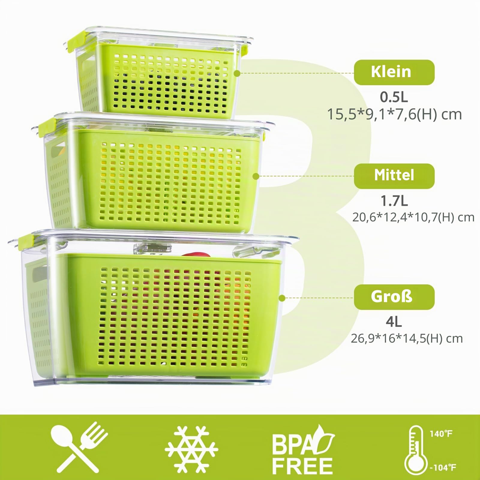 Luxear 3 Stück Frischhaltedose 4,5 l + 1,7 l + 0,5 l BPA-frei für Kühlschrank mit Abtropfgestell, Vorratsbehälter Salat für Gemüse, Obst, Käse, Grün