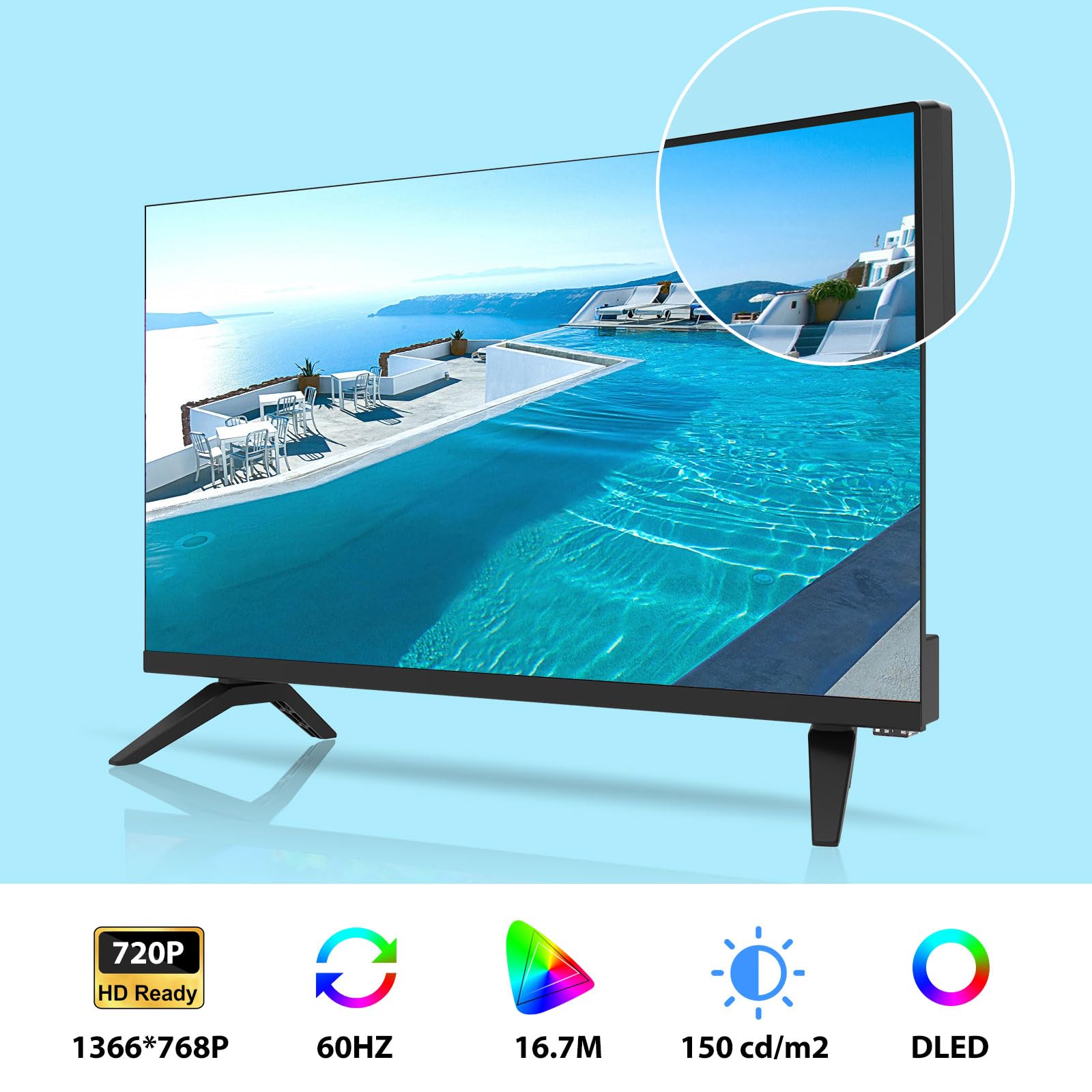 Antteq AE24H5C Televisor LED 24 Pulgadas (60 cm) HD con12V, Triple Sintonizador DVB-C/T2/S2, Modo Hotel, Audio Dolby, Conexiones SCART & Ci+ – Ideal para Autocaravana, Hotel