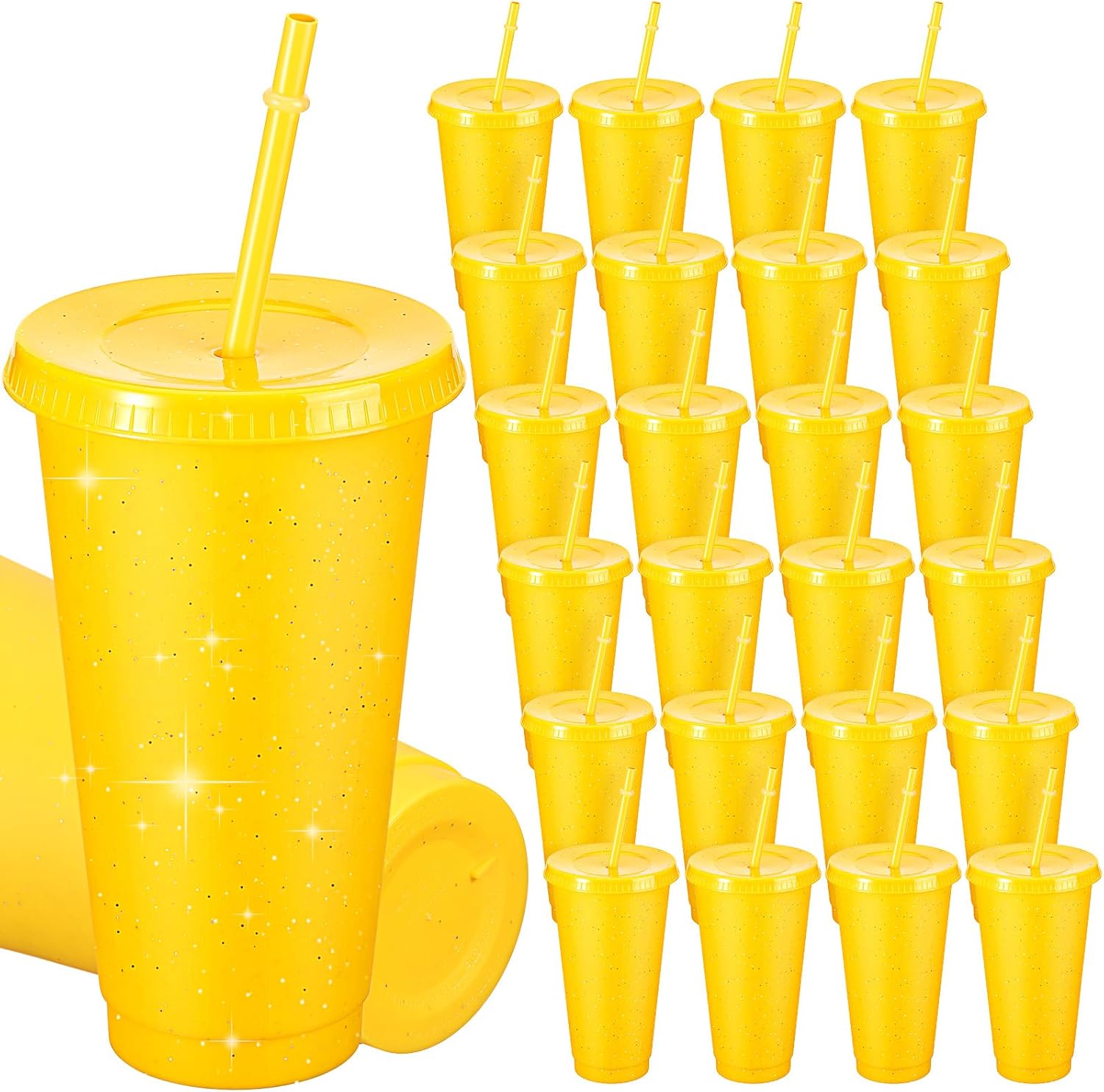 Roshtia 24 Pack Plastic Tumblers with Lid and Straw Reusable Cups Bulk Water Bottles Iced Coffee Travel Mug Cup for Birthdays Party Juices Adults Kids (Yellow,24 oz)