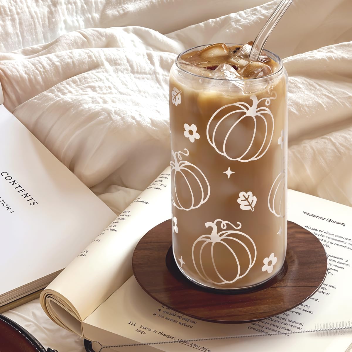 SANDJEST Pumpkin 16oz Can Glass Tumbler with Acrylic Lid & Straw, Iced Coffee Cup for Women Girls, Fall Aesthetic Cups Gifts