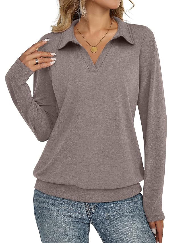 Womens Polo Shirts Long Sleeve Banded Bottom Tops Business Casual Tops Collared V Neck Blouses