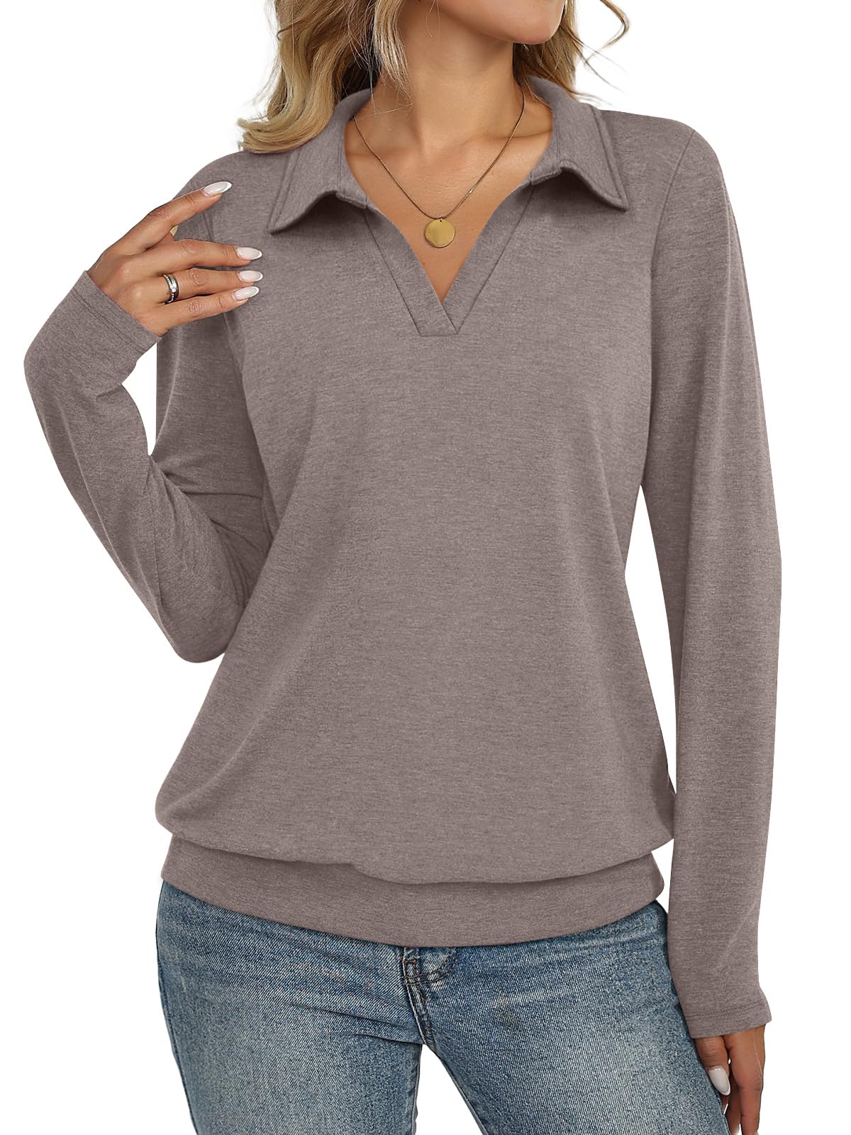 Womens Polo Shirts Long Sleeve Banded Bottom Tops Business Casual Tops Collared V Neck Blouses