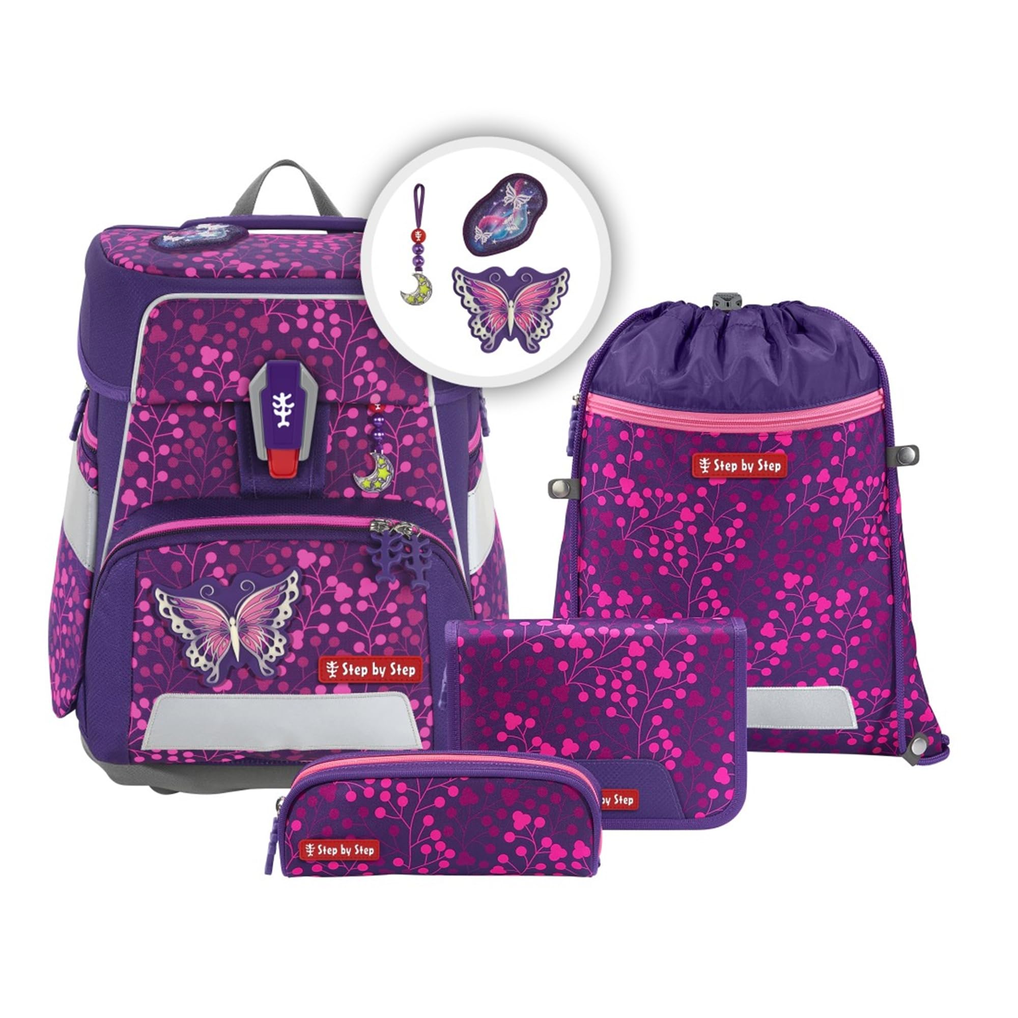 Step by Step Schulranzen-Set Space Shine Butterfly Night Ina, 5-teilig, lila, ergonomischer Tornister mit Reflektoren, höhenverstellbar mit Hüftgurt, ab der 1. bis 4. Klasse, 20l