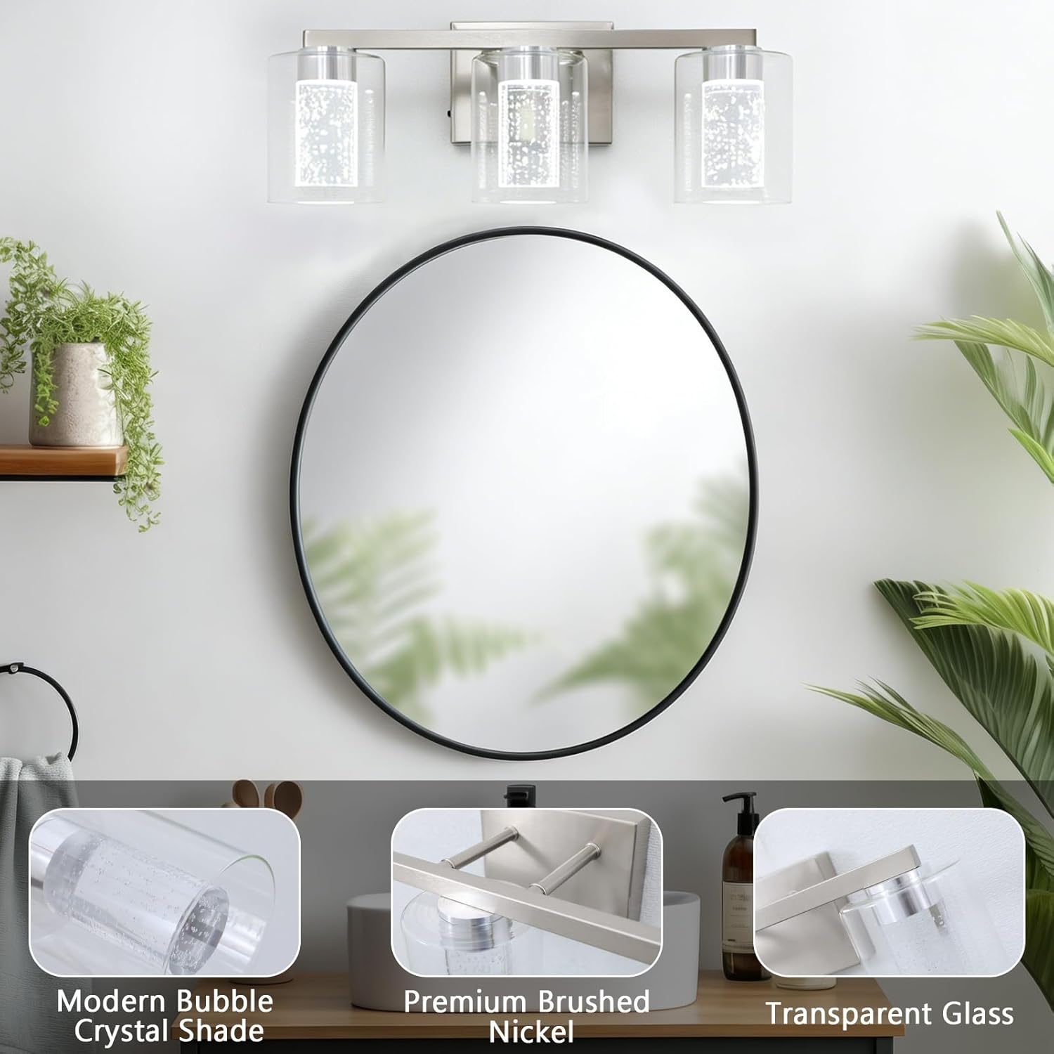 Brushed Nickel 3-Light Vanity Light with 3 Color Modes (3000K/4000K/6000K), Dimmable Eye Protection LED Bathroom Light Fixture with Bubble, Modern Wall Light Over Mirror