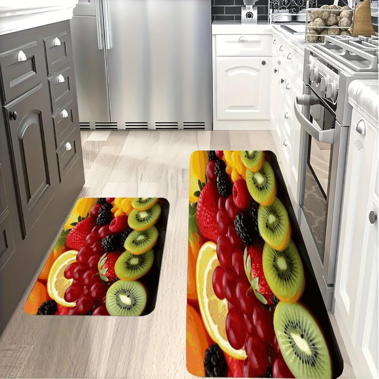 Fresh Fruit Kitchen Mats with 2PCS Non-Slip Washable,Kitchen Rug Heavy Duty Durable, Floor Mats for Kitchen,Office,Sink,Laundry