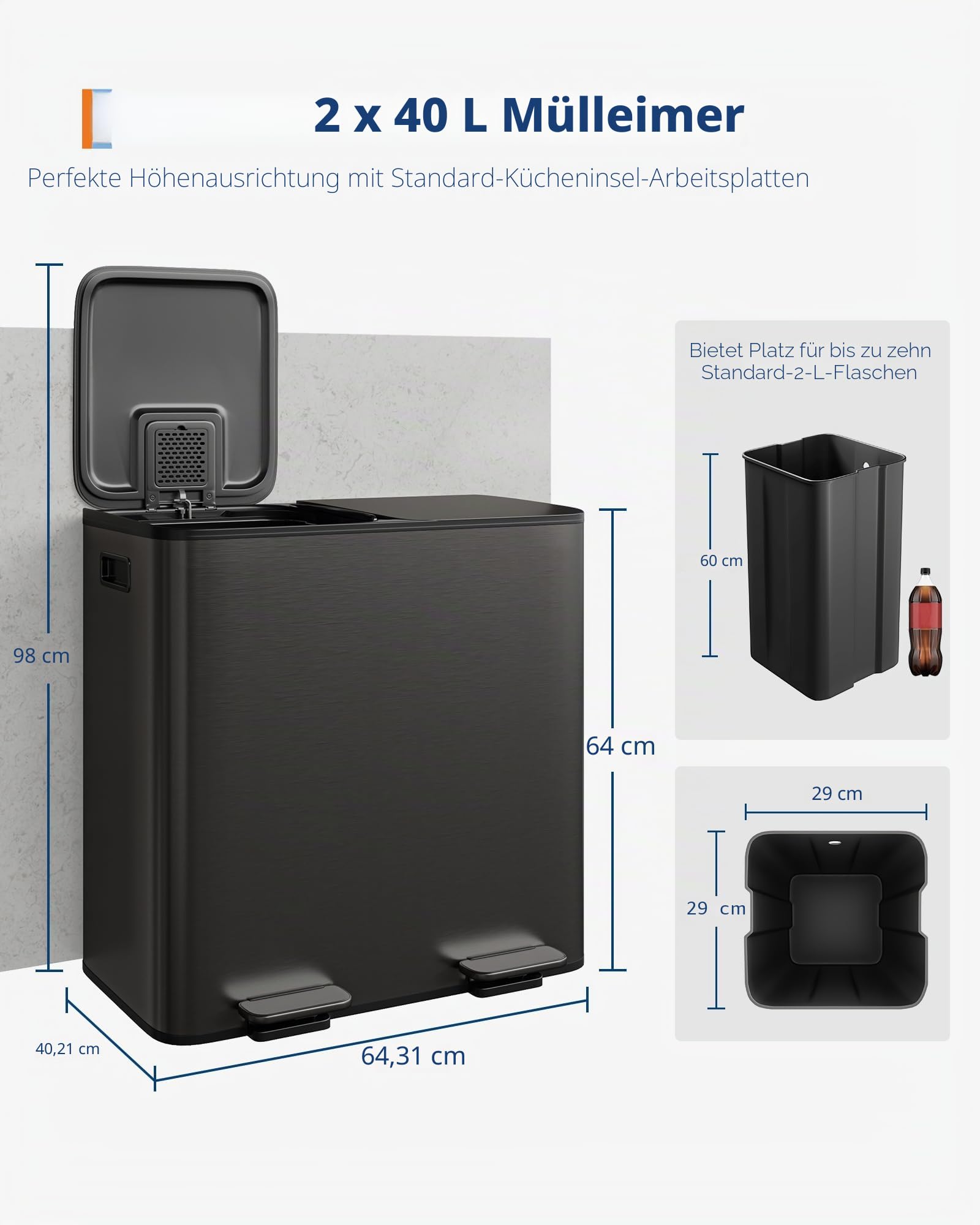 Garvee 2 x 40 L,Mülleimer Küche, Mülltrennsystem 2 Fächer, Soft-Close-Deckel, für Recycling & Biomüll, Fußpedal Mülleimer Für Küche/Badezimmer, Geruchsgeschützter Abfallkasten