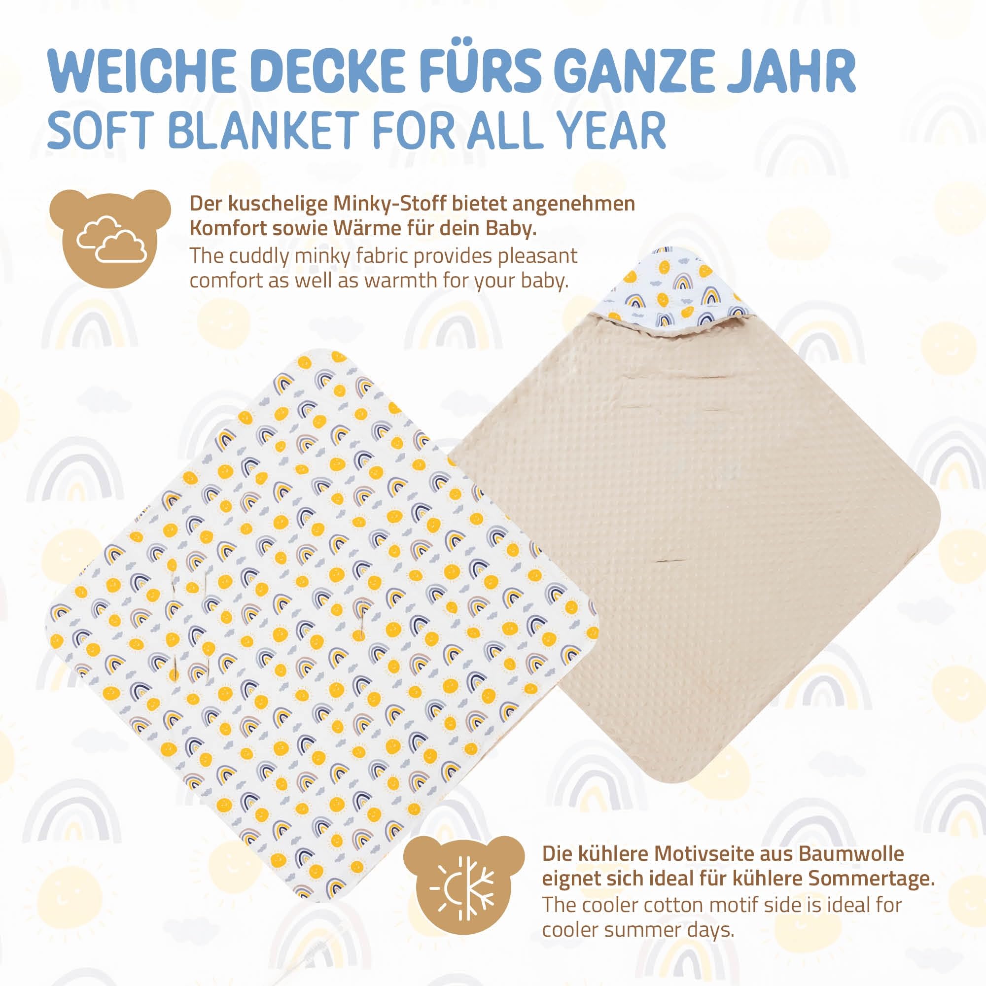 Joyz Manta con Capucha para Bebé 84x84 cm Beige 100% Algodón Arcoiris con Viscosa Saco de Doble Cara para Accurucarse Toda la Temporada Universal Portabebés Ideal para el Cochecito o Silla de Paseo