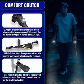 Ergobaum 7G Forearm Crutches for Adults (1 Pair-2 Units) Ergonomic, Foldable with Shock Absorption, LED Light & Knee Rest | Adjustable 5'6'6, Supports 360 lbs | Medical Aluminum (Black)