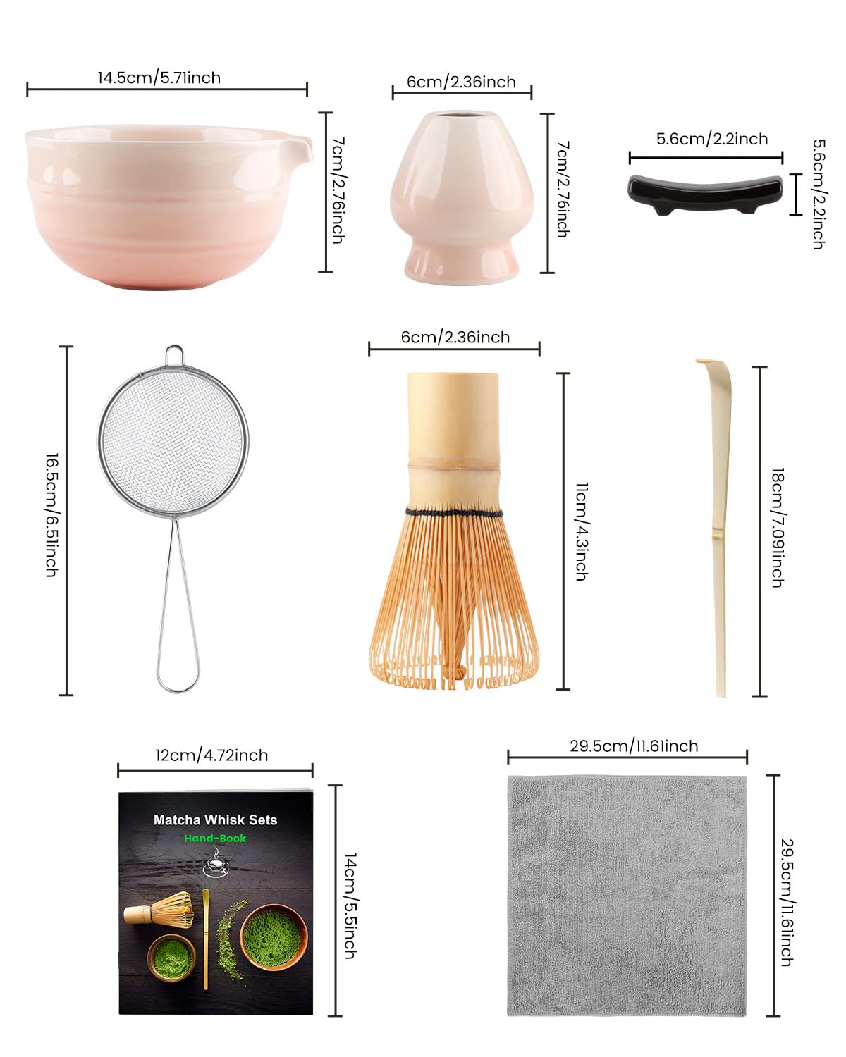 7 stuks Matcha Set roze, matcha accessoires met bamboebezem, kom van keramiek, matcha zeef, Japanse matcha bezemset voor de matcha-theeceremonie