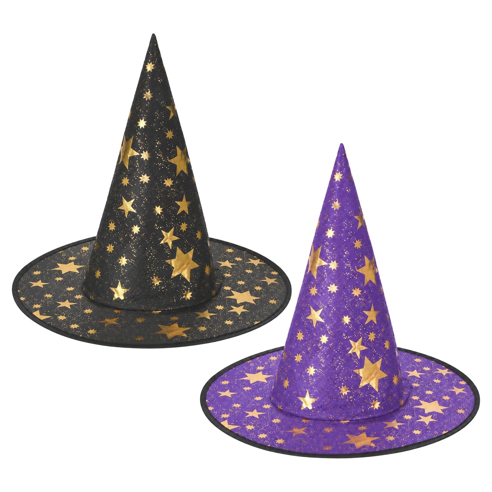 Macuezu 2 Pack Witch Hats for Halloween, Black and Purple Witches Hat for Women, Star Print Wizard Hats for Adults Indoor Outdoor Costume Party Decorations