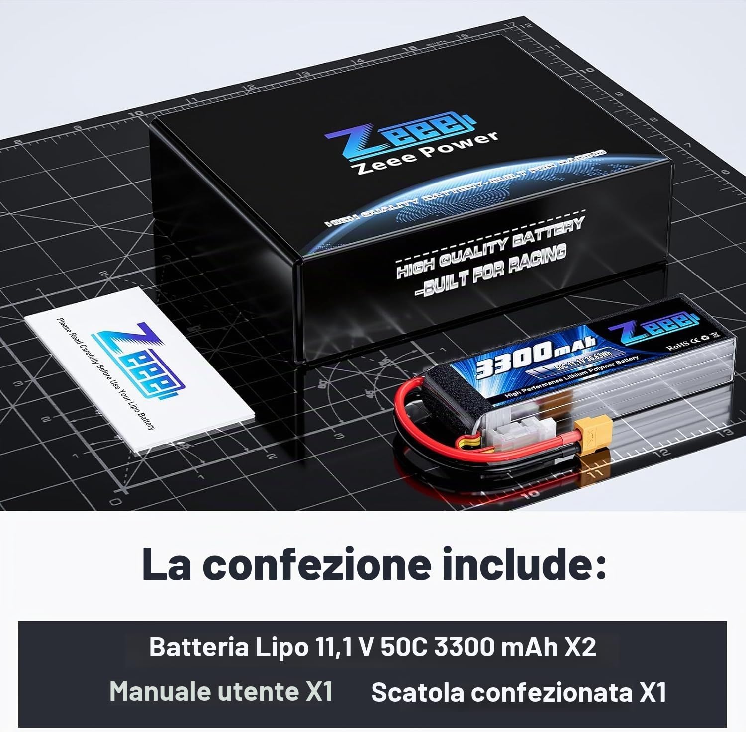 Zeee 3S Lipo 3300mAh 11.1V 50C Batteria RC con spina XT60 (2 pezzi) | per auto RC, aereo RC, elicottero RC, hobby RC