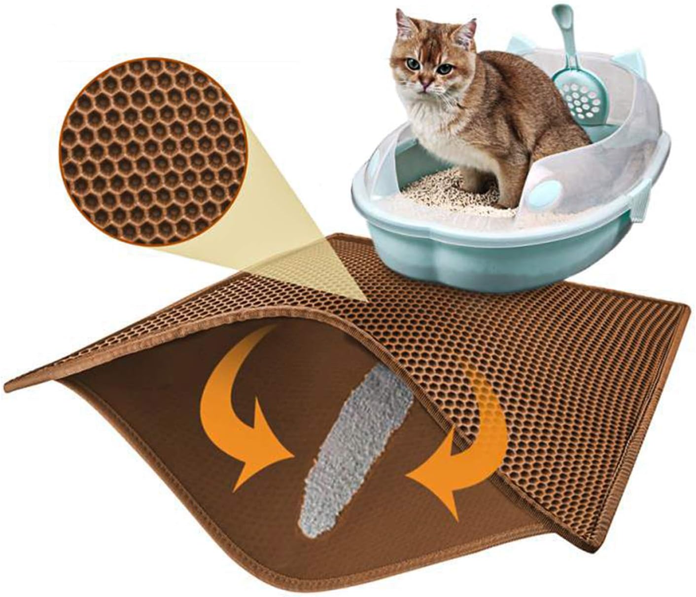 PievievCat Litter Mat Litter Tray Mat of Large Size Double Layer Honeycomb Large Holes Design EVA Material Non-BPA, Soft on Paws and Washable (76X61cm Brown)