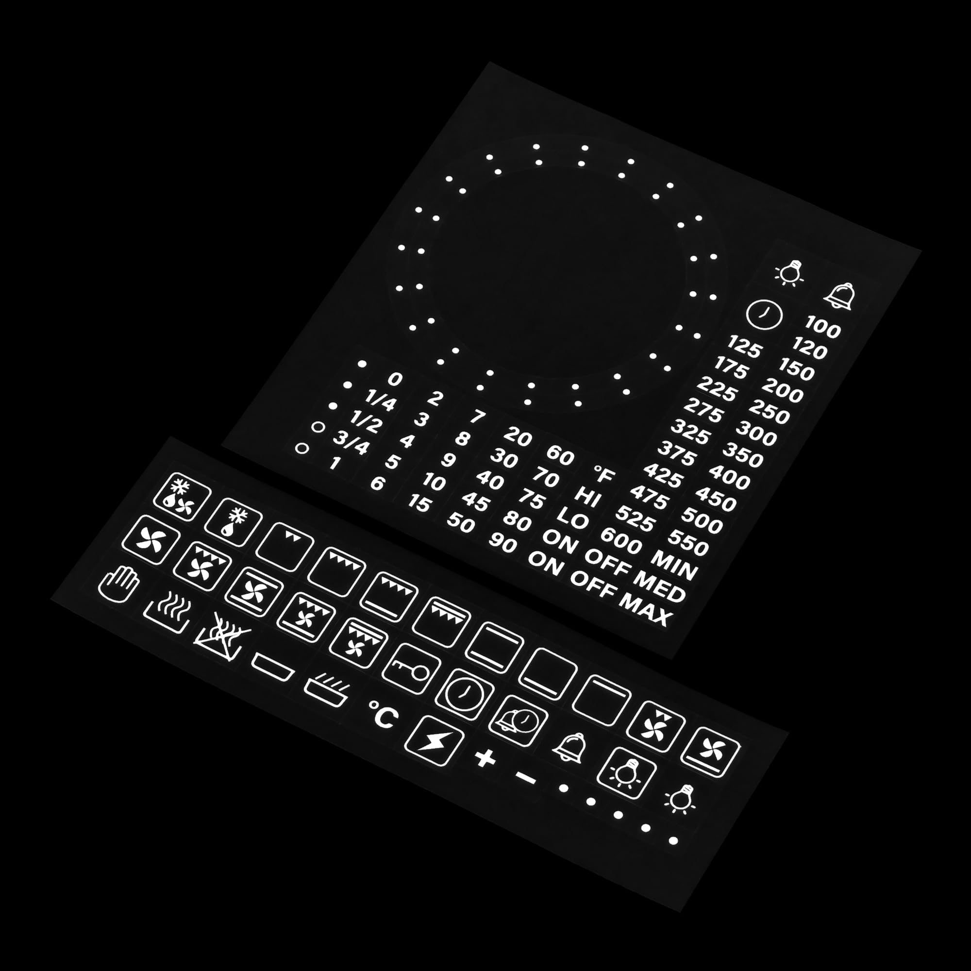 HALLMERS 36x Symbols + 45mm 52mm Dotted Dial Separate Custom Timer Fahrenheit Oven Temperature Control Panel Labels (White Print Clear Adhesive) Replacement Sticker Temp Knob Electric Gas Grill