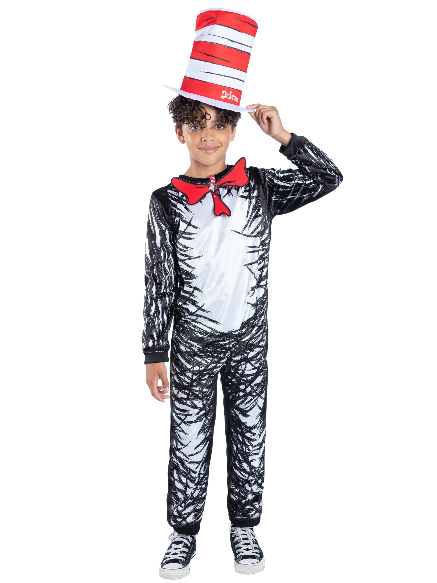 Smiffys Dr Seuss Cat in the Hat Child Costume - Official Licensed Kids Fancy Dress Outfit with Jumpsuit & Tall Striped Hat, World Book Day Book Character Costume Age 10-12