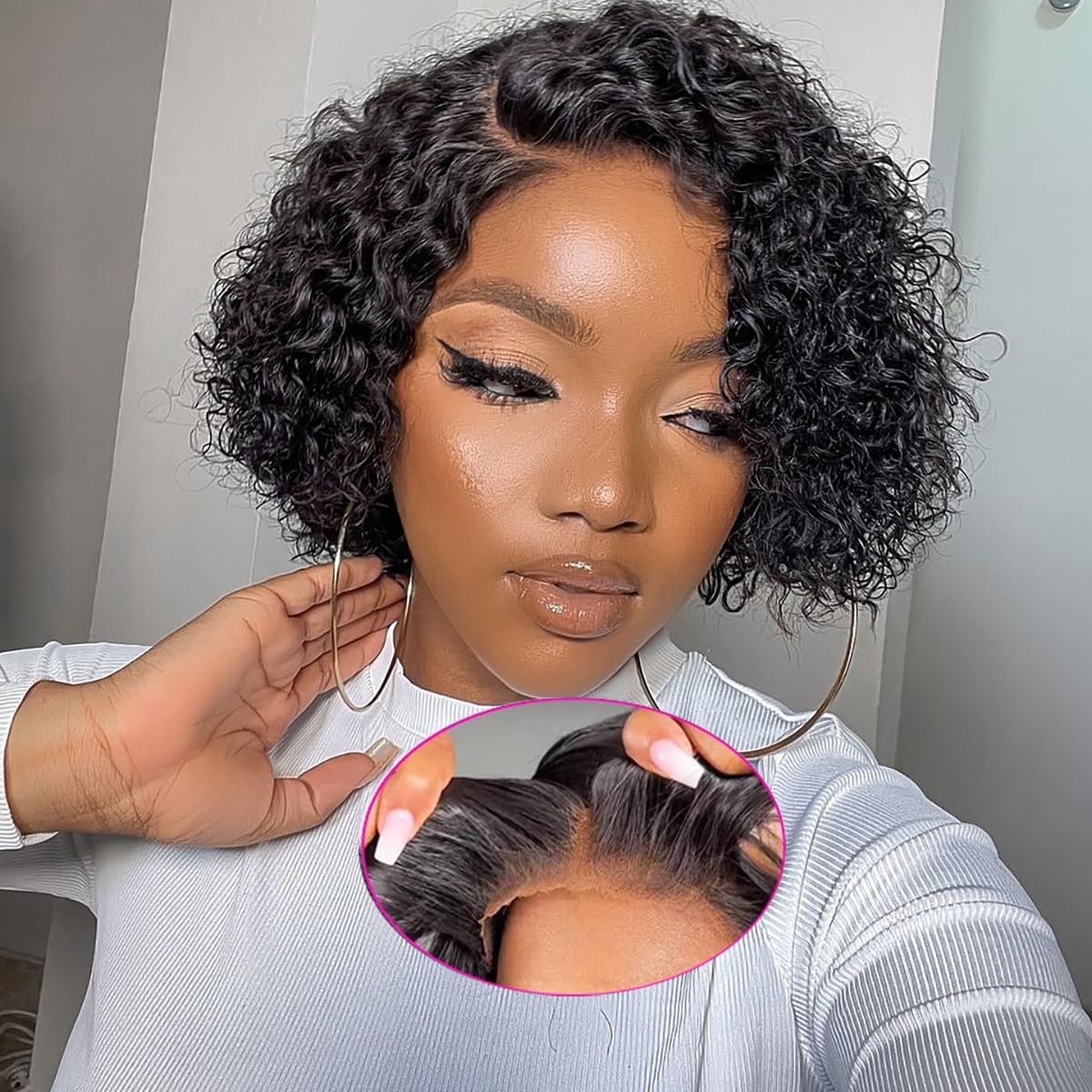 Tascal Wear and Go Glueless Wigs Human Hair Pre Plucked Pre Cut Lace Front Wigs for Black Women 180% Density Deep Curly Bob Wig Human Hair (4X4