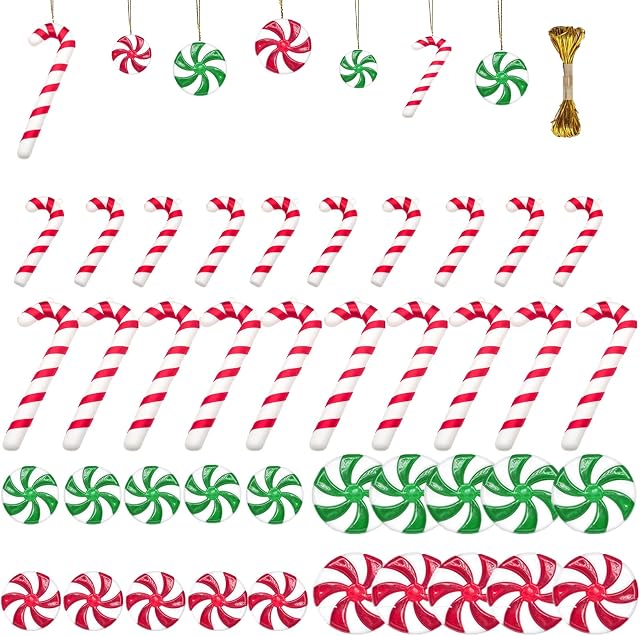 40Pieces Candy Cane Christmas Tree Decorations Red and Green Candy Christmas Tree Hanging Ornaments, 2 Styles Plastic Candy CaneThemed Christmas Tree Ornaments for Xmas Party Christmas Home Decoration