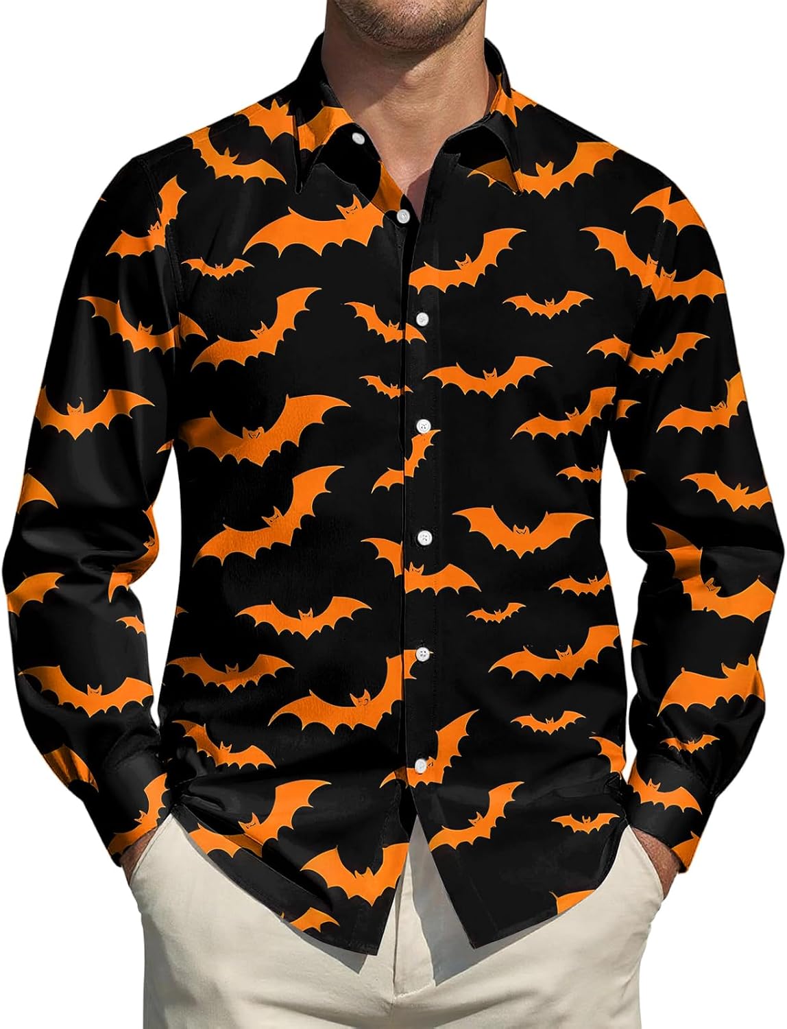 Mens Loose Fit Halloween Print Button Down Shirt Long Sleeve Collared