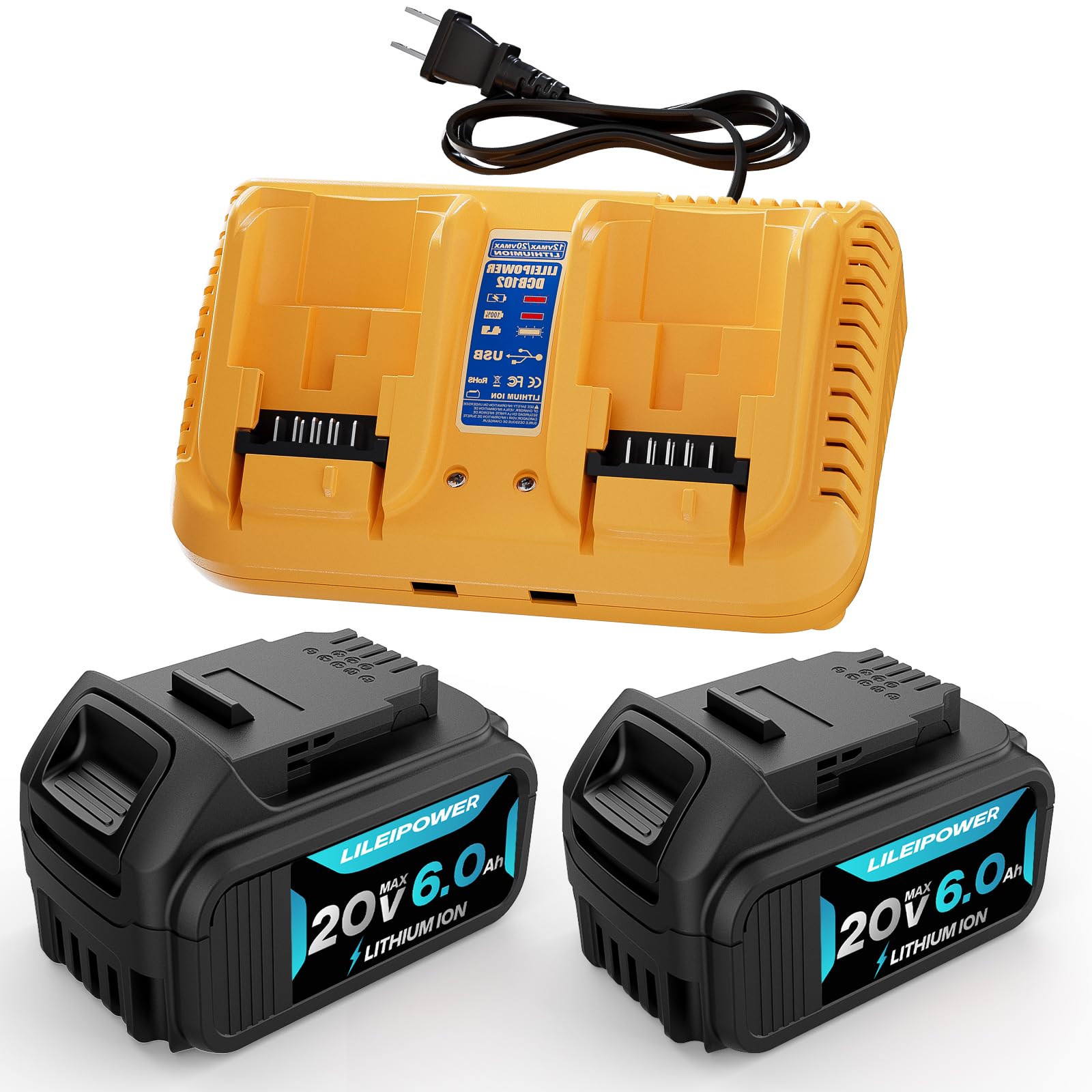 2Pack 20V 6.0Ah Battery Replacement for Dewalt 20V Max Battery and DCB102 Charger Combo Compatible with DCB102 DCB104 DCB118 DCB115 DCB206 DCB204, LIDCB206-2&DCB102