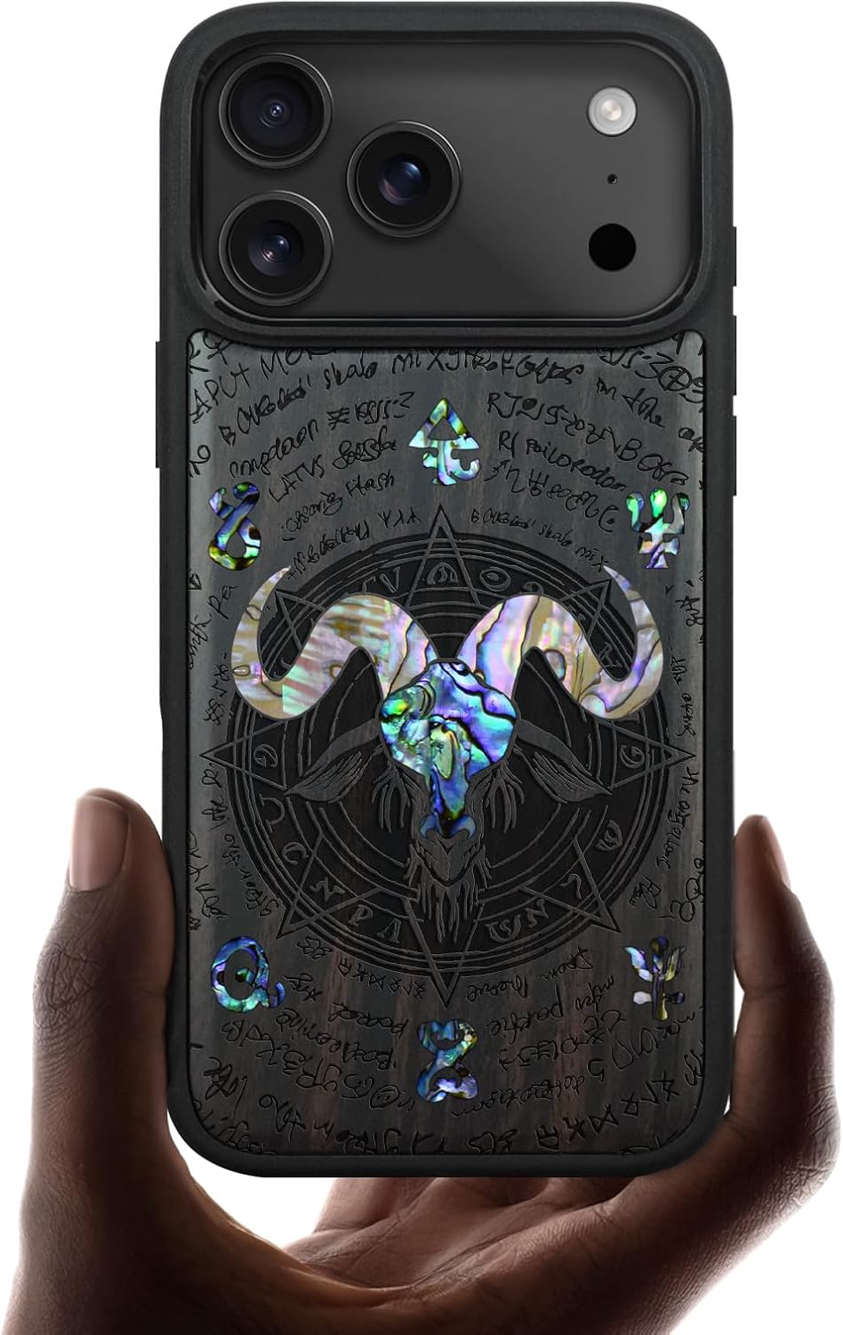 Carveit Magnetic Case for iPhone 17 Pro Max Case, Wood Artisan Engraved & Handmade Shell Inlaid, TPU Shockproof Cover, Compatible with MagSafe Wireless Chargers (Horned Goat-Blackwood)