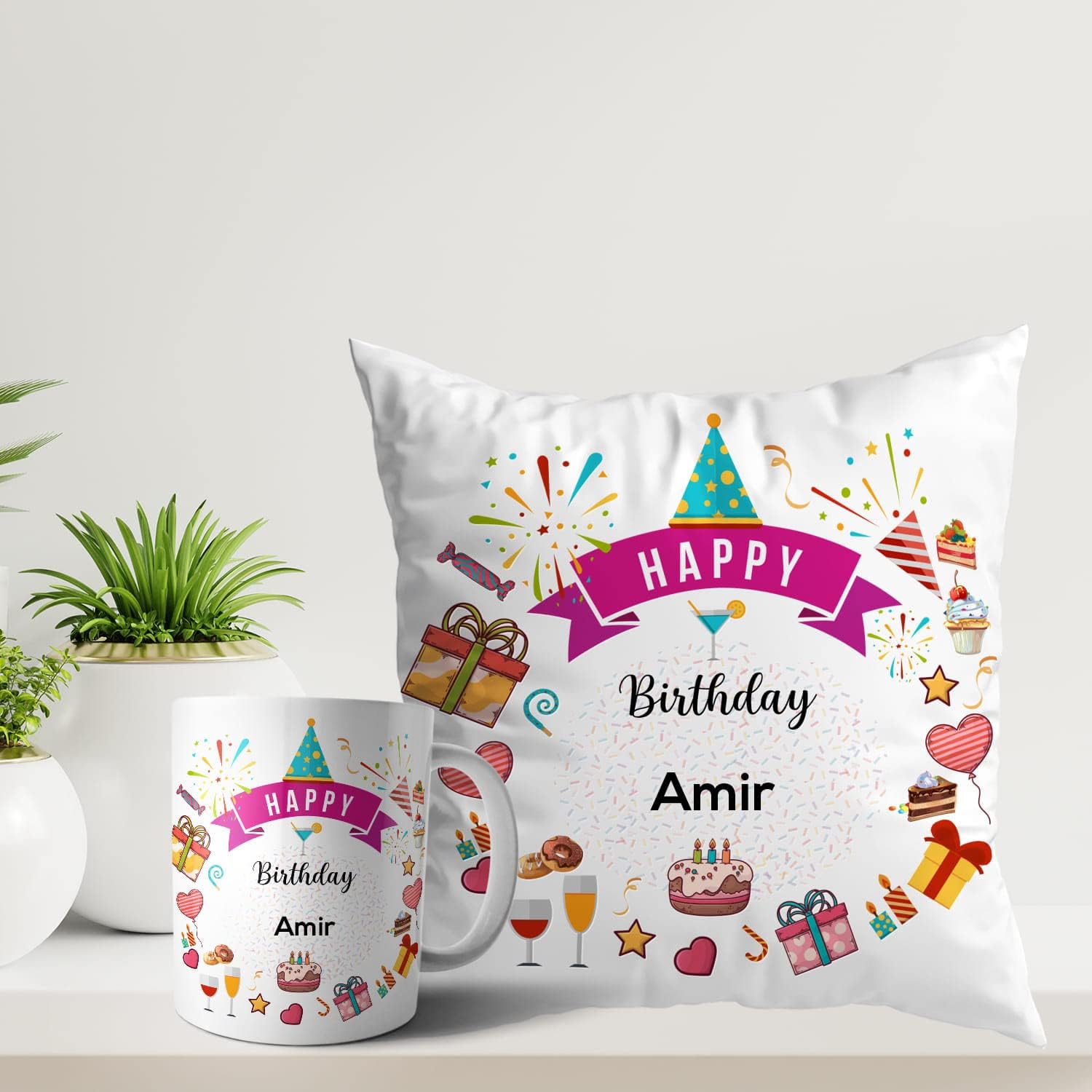 ASHVAH Happy Birthday Amir Coffee Mug and Cushion Combo Gift (Pack of 2) for Son, Brother, Boyfriend, Husband, Friend, Name - Amir