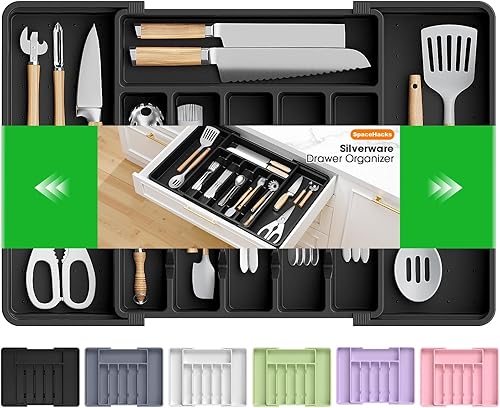 Miniatura 11 de Organizador de cubiertos, Organizador de cajones de utensilios ajustable y expandible, Soporte de utensilios libre de BPA, Bandeja de cubiertos para