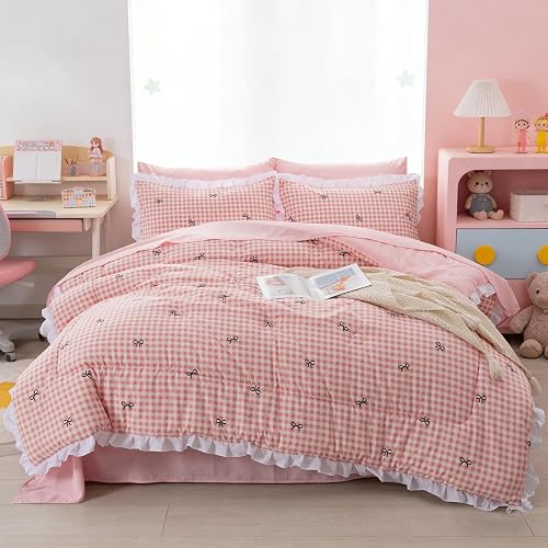 Aimuan Bow Checkered Comforter Set, Chic Grid Bowknot Bedding Sets, Princess The