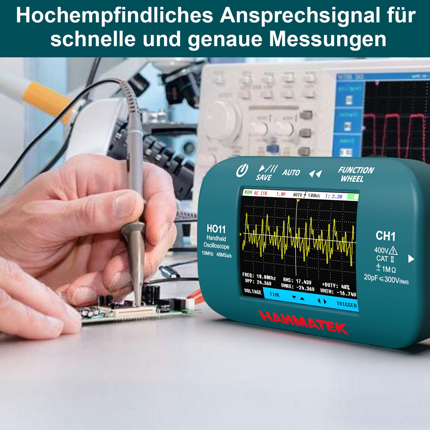 HANMATEK HO11 Handheld Digital Oszilloskop - 10MHz Bandbreite, 48MSa/s Hochpräzisionsabtastung, 2.8“ TFT Display, USB aufladbar, fortschrittliches Triggersystem, tragbar für Feldarbeit