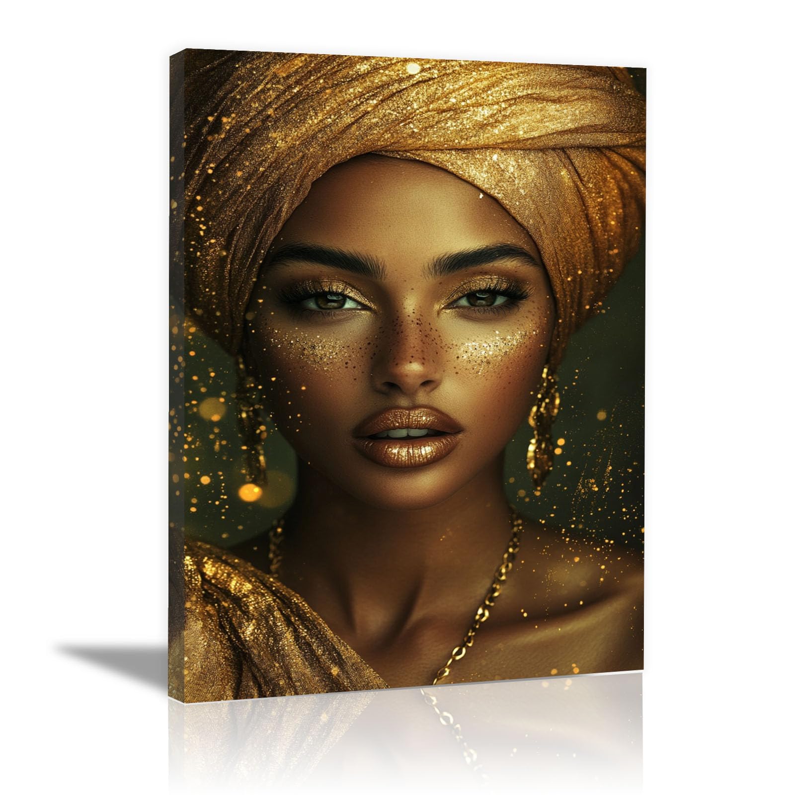 TERUEA Vintage Bathroom Wall Art - Woman Gold Turban Glitter Portrait Vintage Humor Wall Poster for Bathroom Toilet Decor(Gold)-20x30cm Framed