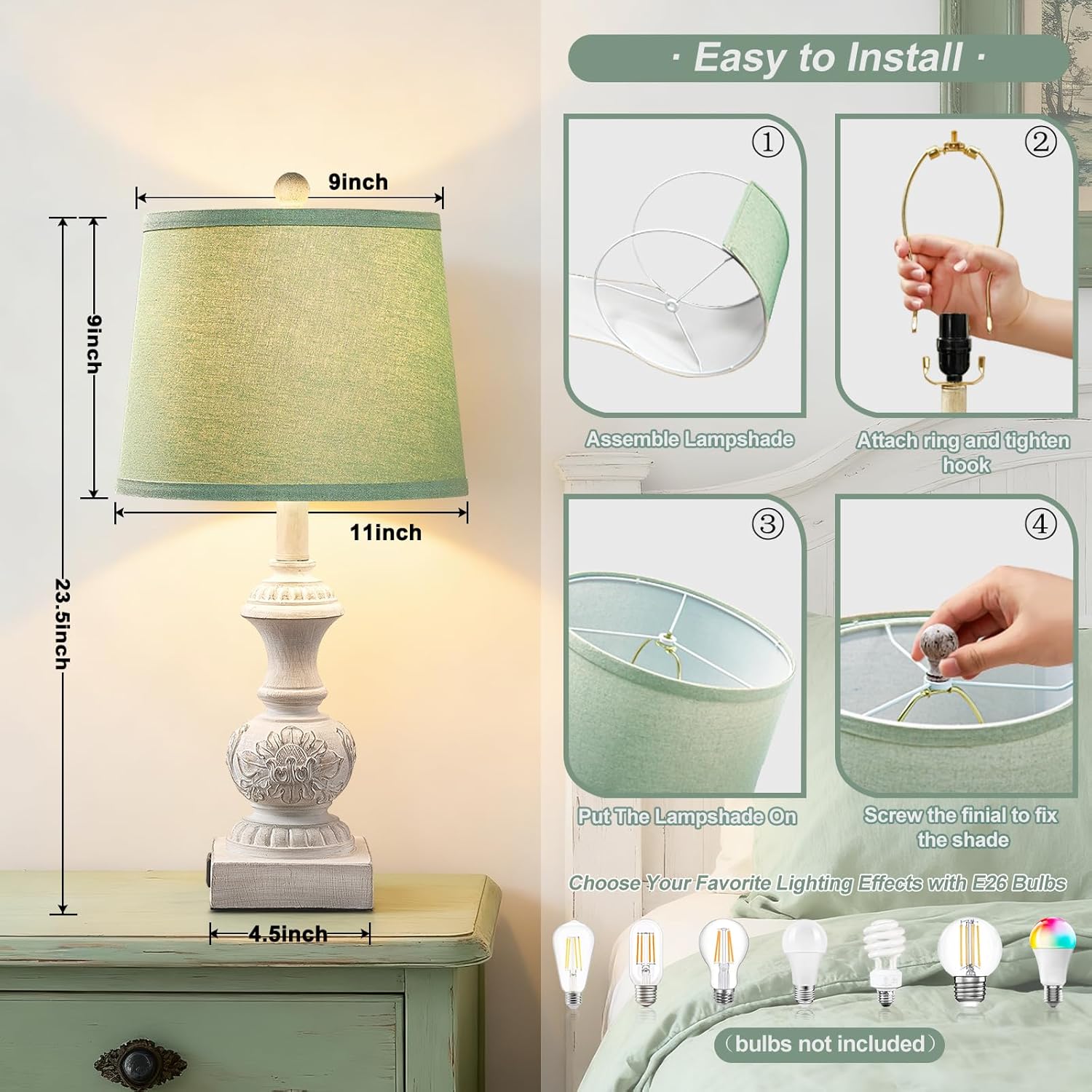 Green Bedside Lamp Set of 2 Vintage Farmhouse Table Lamps with USB A+C Ports 23.5" Floral Carved Pull Chain Boho Nightstand Lamps for Living Room Bedroom Home Office Dorm (No Bulb)