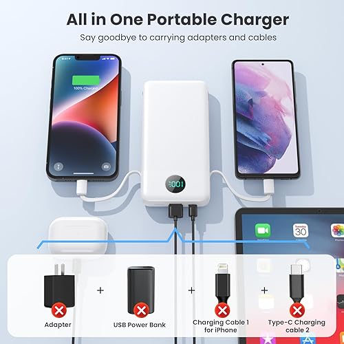 Miniatura 6 de Cargador portátil con cables integrados y enchufe de pared de CA de 13800 mAh, pantalla LCD, banco de energía USB C rápido, 4 salidas, paquete de